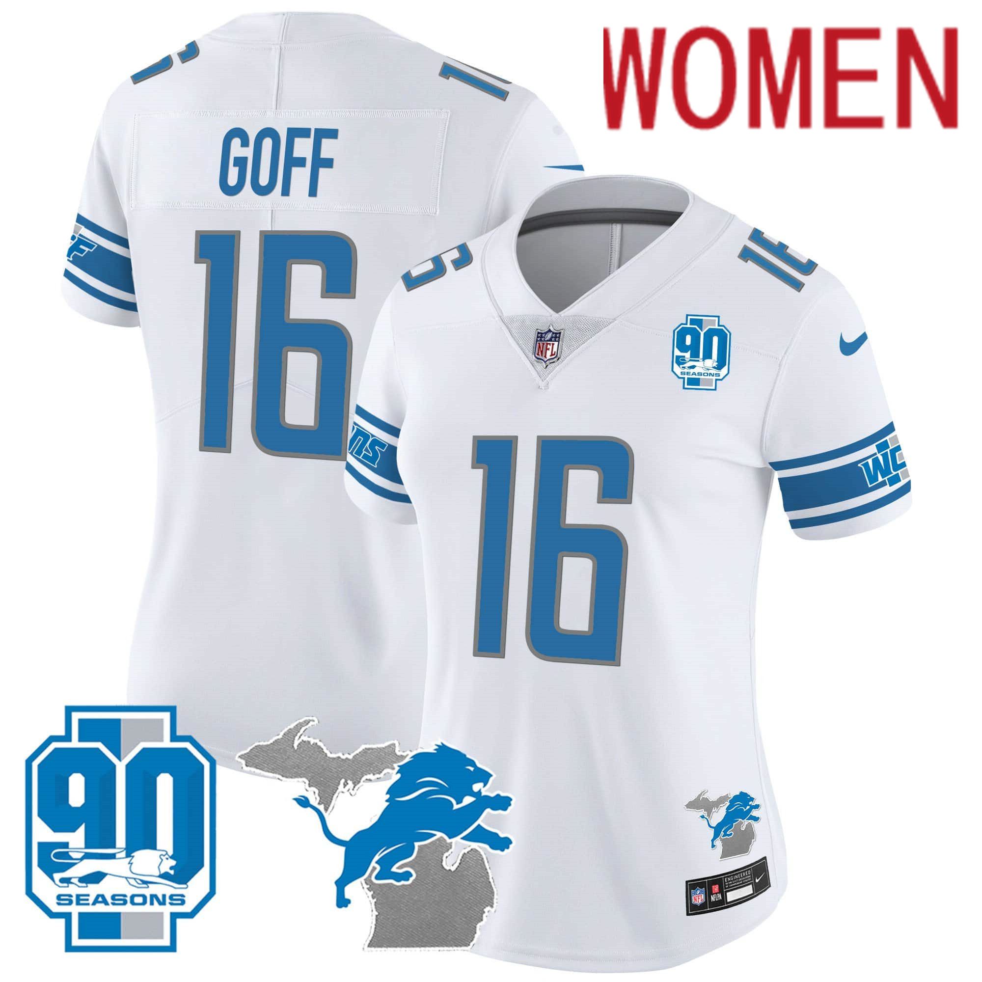 Women Detroit Lions #16 Goff White 2024 Nike 90th Year Michigan Patch Vapor NFL Jersey